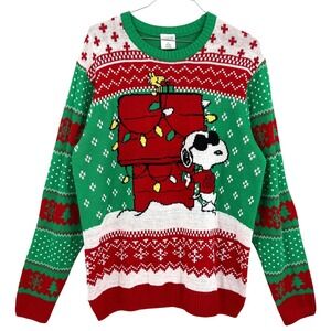 Peanuts Mens Ugly Christmas Sweater Green Snoopy Joe Cool Doghouse Fair Isle XL